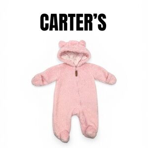 066 CARTER'S Light Pink Fuzzy Hooded Baby Footie with Ears - Newborn
